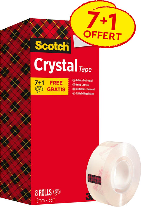 Scotch doorzichtige tape, 19 mm x 33 m, 1 x voordeelverpakking met 8 rollen waarvan 1 gratis