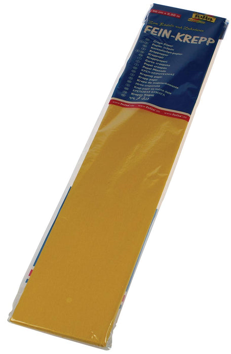 Folia crêpepapier geel met een lengte van 250 x 50 cm en een gewicht van 32 g/m², verpakt in een ophangetui
