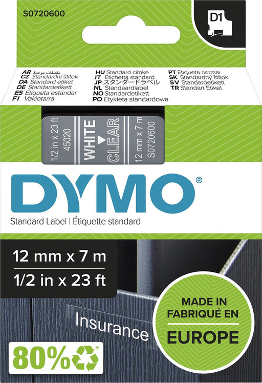 Dymo D1 tape 12 mm, wit op transparant 5 stuks, OfficeTown