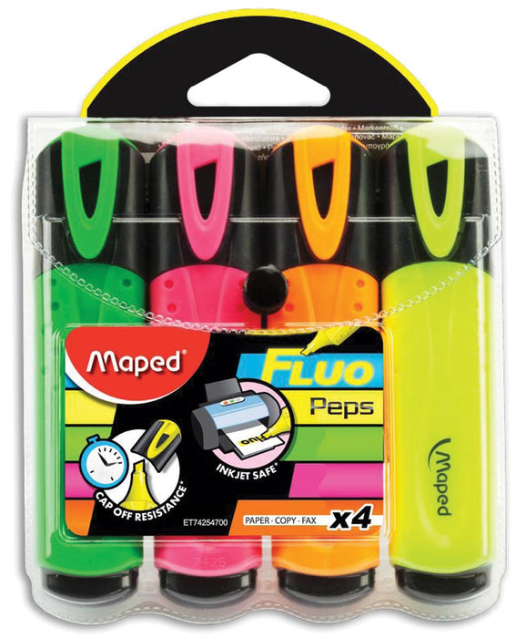 Markeerstift Maped Fluo'Peps Classic etui van 4 stuks: geel, oranje, roze en groen 12 stuks