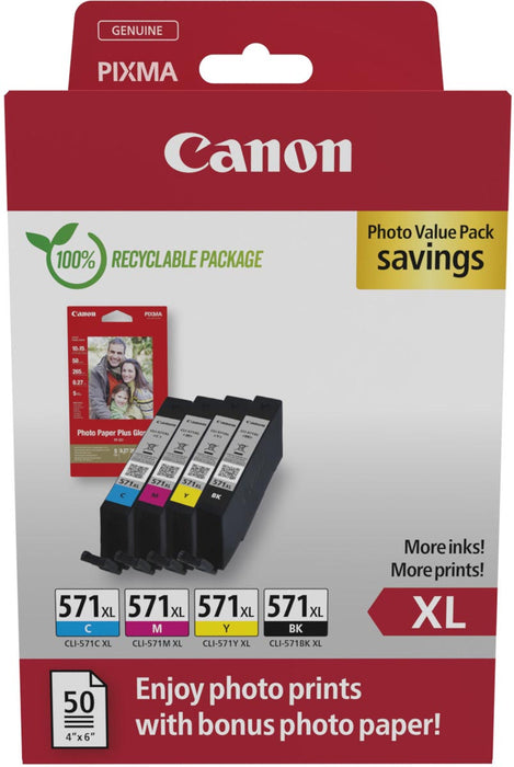 Canon photo value pack CLI-571XL, 375 - 895 foto's, OEM 0332C006, 4 kleuren Canon