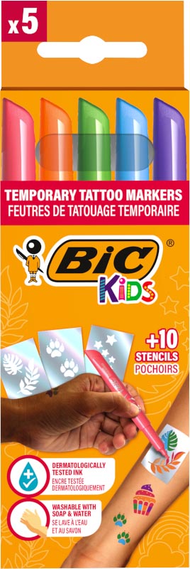 Bic Kids tattoo marker set, assorti, set van 5 pennen en 10 stencils, OfficeTown