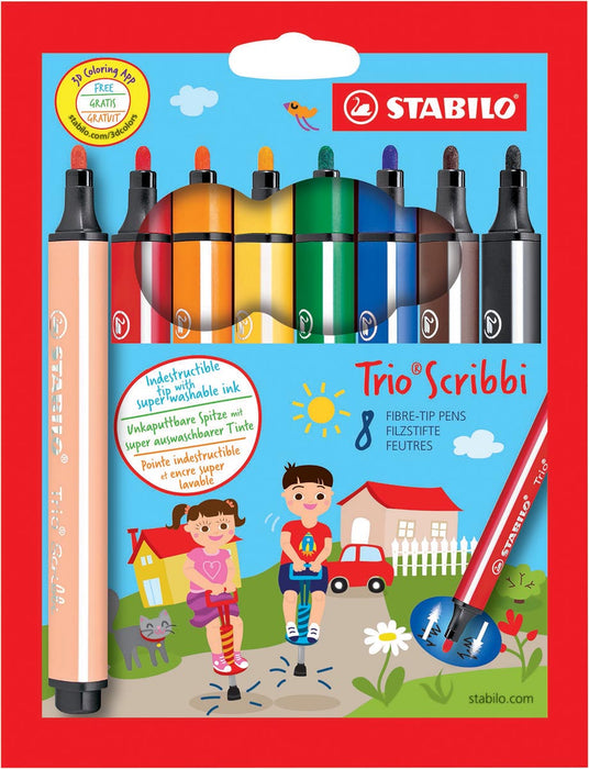 STABILO Trio Scribbi viltstift, set van 8 stuks in diverse kleuren met ophangetui