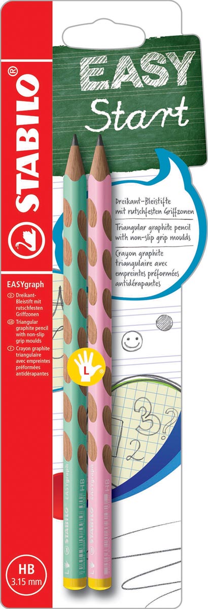 STABILO EASYgraph S Pastel potlood, HB, 3,15 mm, blister van 2 stuks, voor linkshandigen, groen en roze 5 stuks, OfficeTown