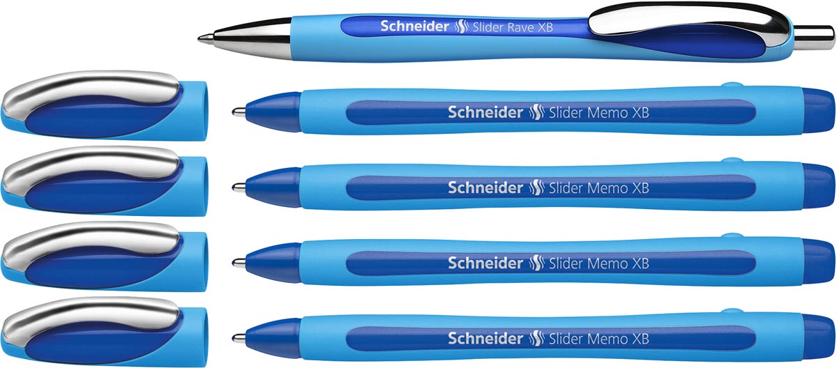 Schneider balpen Slider Memo XB blauw, 4 stuks + 1 Rave GRATIS worden Schneider balpen Slider Memo XB blauw met 4 stuks + 1 Rave GRATIS