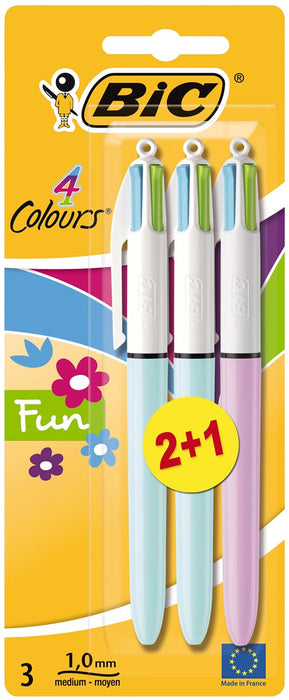 Bic 4 Kleuren Fun, balpen, 0,4 mm schrijfbreedte, 4 pastel inktkleuren, blister van 2+1 gratis