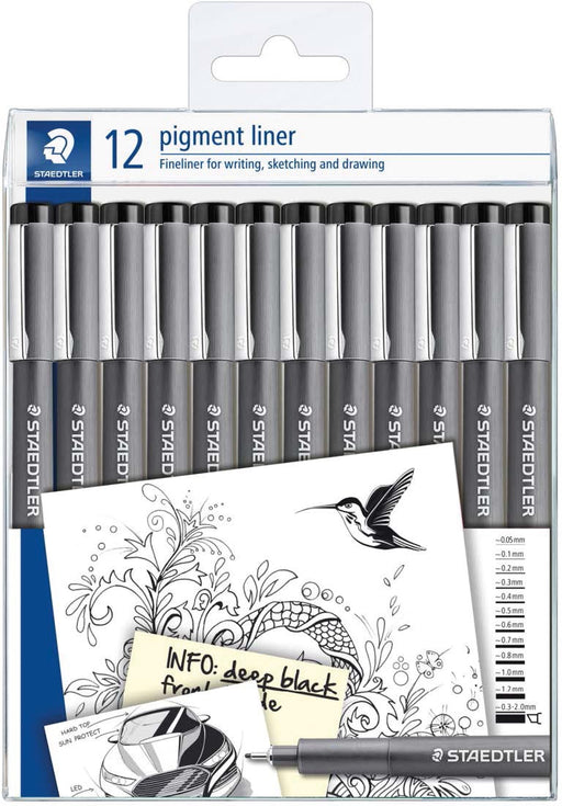 Staedtler fineliner Pigment Liner, set van 12 fineliners, zwart 10 stuks, OfficeTown