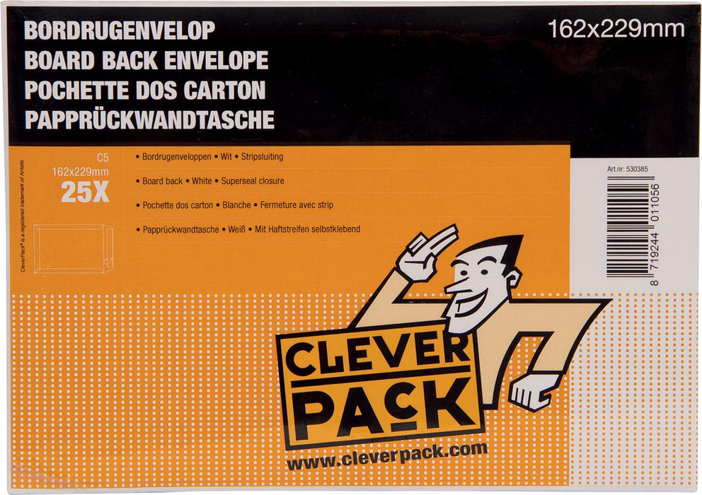 Cleverpack bordrugenveloppen, ft 162 x 229 mm, met stripsluiting, wit, pak van 25 stuks 4 stuks, OfficeTown