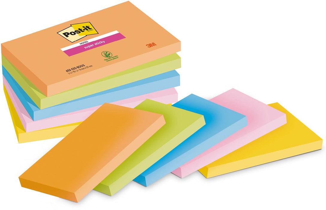 Post-it Super Sticky notities Boost, 90 vellen, afm 76 x 127 mm, assortiment kleuren, pak van 5 blokken