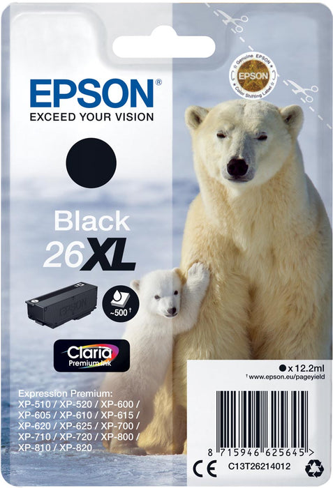 Epson inktcartridge 26XL, 500 pagina's, OEM C13T26214012, zwart