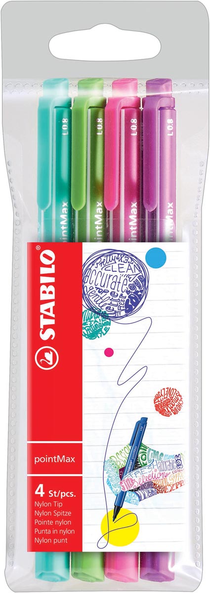STABILO pointMax schrijfstift, 0,8 mm, etui van 4 stuks in geassorteerd fun kleuren 5 stuks, OfficeTown