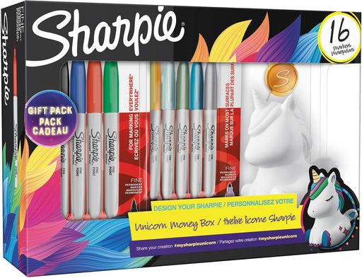 Sharpie permanente marker, eenhoorn giftbox, fijne punt, doos van 16 stuks in geassorteerde kleuren 6 stuks, OfficeTown