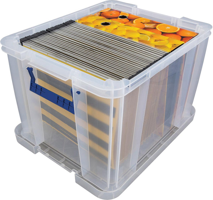 Bankiers Box opbergdoos 36 liter, transparant met blauwe handvatten, set van 3 stuks verpakt in karton