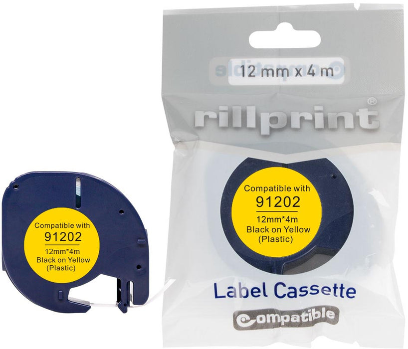 Rillprint compatibele LetraTAG tape voor Dymo 91202, 12 mm, plastic, geel met witte tekst