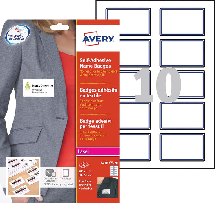 Zelfklevende badge Avery L4787-20 ft 80 x 50 mm, 200 stuks, wit/blauw met gratis ontwerp & print software
