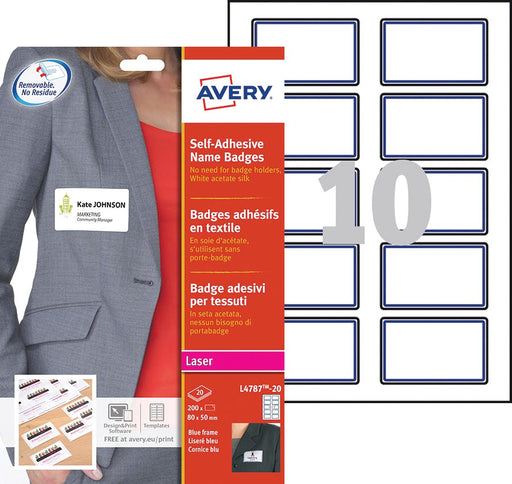 Avery L4787-20 zelfklevende badge ft 80 x 50 mm, doos van 200 stuks, wit/blauw 5 stuks, OfficeTown