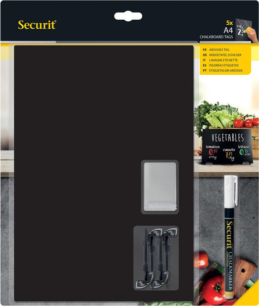 Securit krijtbord tags A4, dubbelzijdig, zwart, blister van 5 stuks 5 stuks, OfficeTown