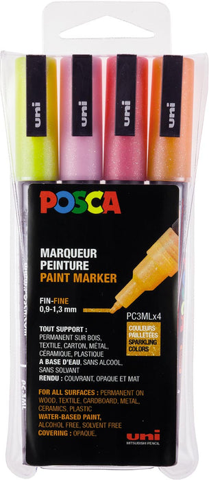 Posca verfmarker PC-3M, set van 4 markers, glitter, geel-oranje-roze-rood