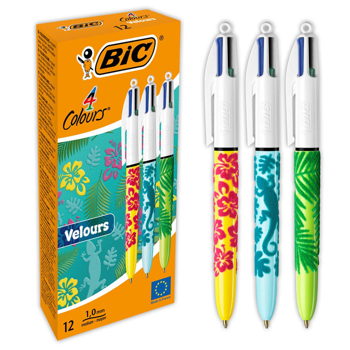 Bic 4 Kleuren Velours, balpen, 0,32 mm, 4 klassieke inktkleuren, set van 12 stuks