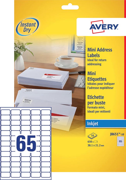 Avery J8651-10 mini etiketten ft 38,1 x 21,2 mm (b x h), 650 etiketten, wit 10 stuks, OfficeTown