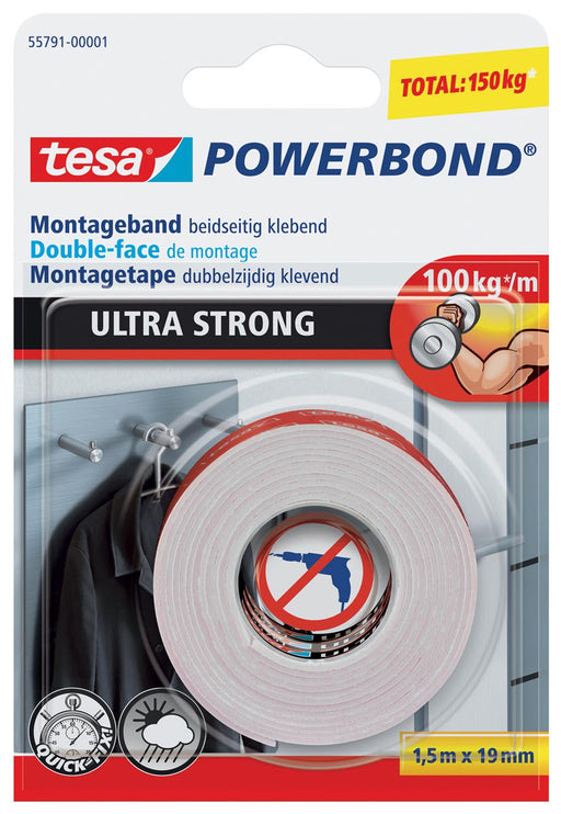 Tesa Powerbond Ultra Strong, ft 19 mm x 1,5 m, op blister 12 stuks, OfficeTown