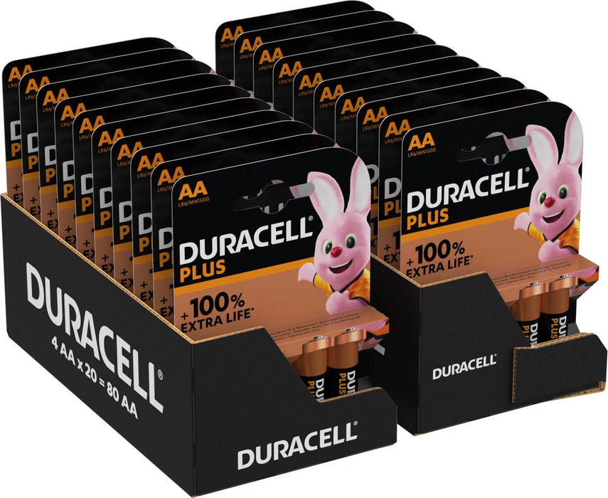 Duracell Plus 100% AA-batterij, 20 x blister van 4 stuks