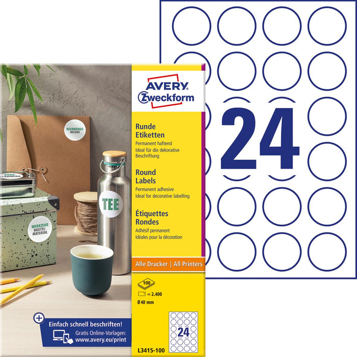 Avery Zweckform ronde etiketten, diameter 40 mm, wit, permanent klevend, 240 etiketten, 10 vellen
