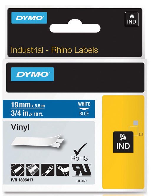 Dymo RHINO vinyltape 19 mm, wit op blauw, OfficeTown