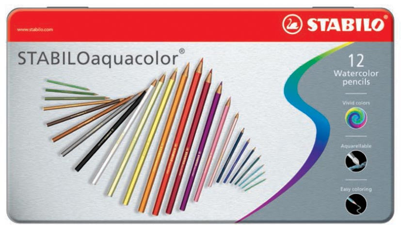 STABILOaquacolor waterkleurpotlood, 12 stuks in metalen doos met verschillende kleuren
