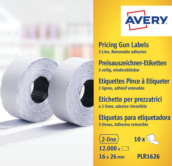 Avery PLR1626 Labels voor Prijspistool, niet-permanent, afmeting 26 x 16 mm, 12.000 labels, wit