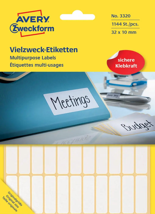 Avery Witte etiketten ft 32 x 10 mm (b x h), 1.144 stuks - Permanente etiketten op blister, 44 per vel