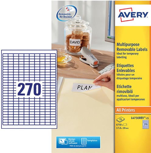 Avery L4730REV-25 Verwijderbare Etiketten ft 17,8 x 10 mm, 6.750 etiketten, wit