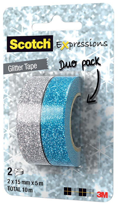 Scotch Expressions glitter tape, 15 mm x 5 m, blister met 2 stuks in geassorteerde kleuren