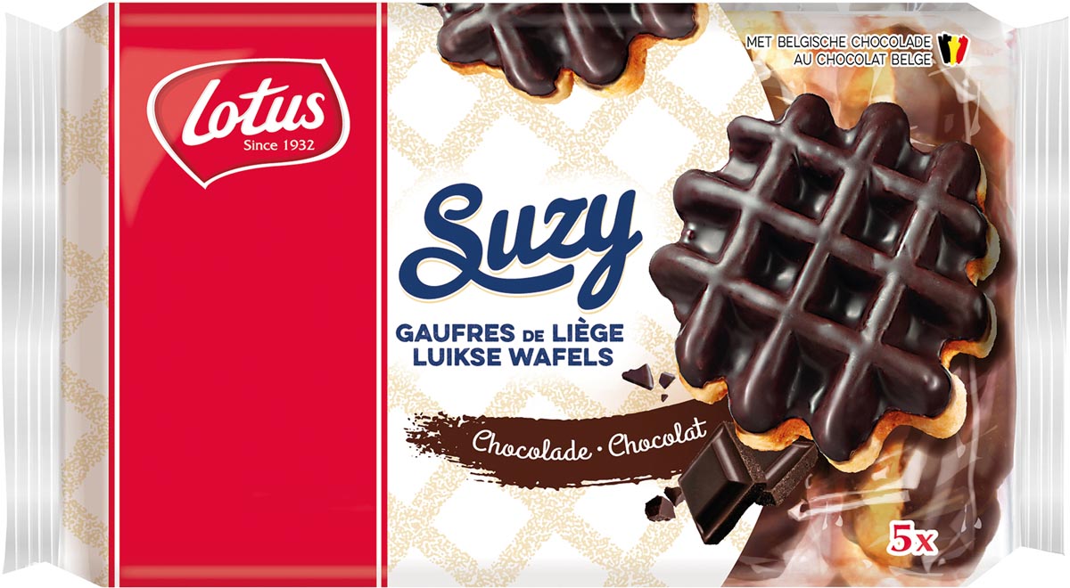 Lotus Suzy Luikse wafel met chocolade, 57,6 g, verpakking van 5 stuks met echte stukjes parelsuiker