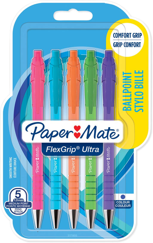 Paper Mate balpen Flexgrip Ultra RT Brights, medium, blauwe inkt, blister van 5 stuks, assorti 12 stuks, OfficeTown