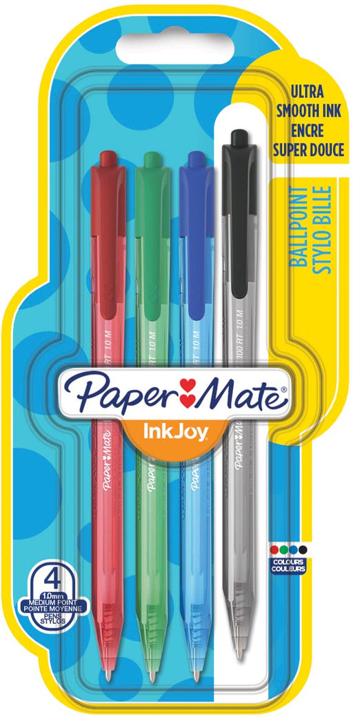 Paper Mate balpen InkJoy 100 RT, blister met 4 stuks in geassorteerde kleuren 12 stuks, OfficeTown
