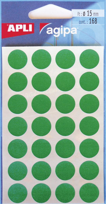 Agipa ronde etiketten in ophangetui, diameter 15 mm, groen, 168 stuks, 28 per blad