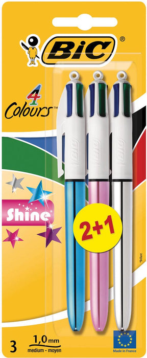 Bic 4 Kleuren Shine, balpen, 0,32 mm, 4 klassieke inktkleuren, blister van 2 + 1 gratis