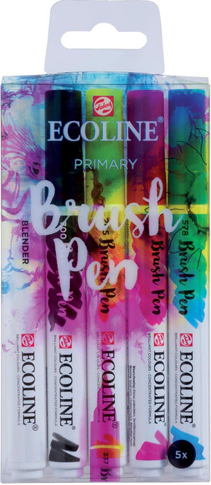 Talens Ecoline Brush pen, set van 5 in primaire kleuren met ronde punt