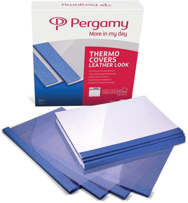 Pak van 100 stuks Pergamy thermische omslagen ft A4, 6 mm, lederlook, blauw