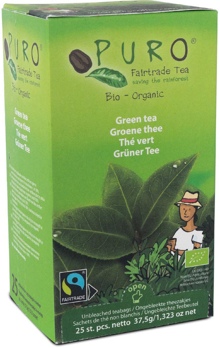 Pak van 25 fairtrade zakjes Puro Bio groene thee met fruit en kruiden