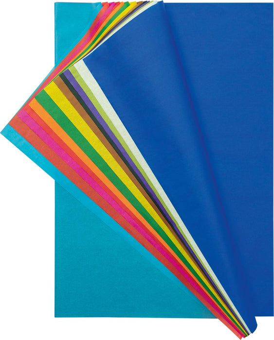 Zijdepapier met geassorteerde kleuren: Donkerblauw, Wit, Lichtgroen, Paars, Zwart, Bruin, Geel, Groen, Oranje, Wijnrood, Roze, Rood en Blauw
