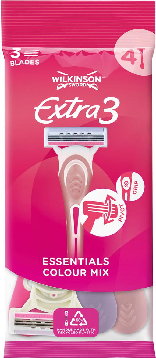 Wilkinson Extra 3 Essentials Colour Mix scheermes, pak van 4 stuks 20 stuks, OfficeTown