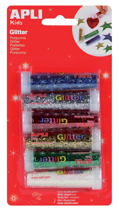 Apli Kids glitterpoeder set met 6 tubes in verschillende kleuren