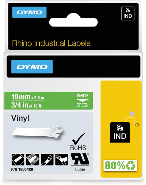 Dymo RHINO vinyltape 19 mm, wit op groen, OfficeTown
