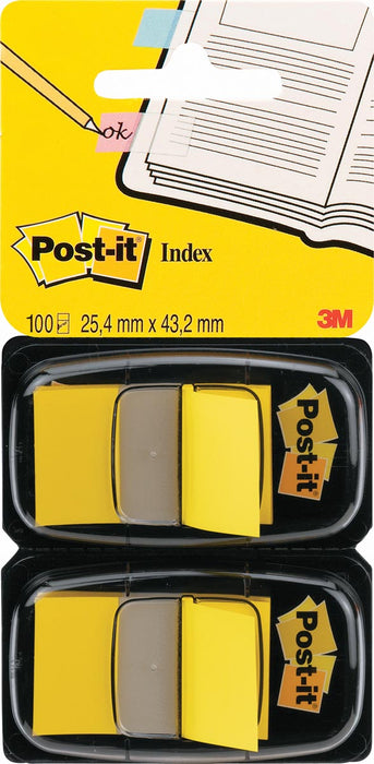 Post-it index standaard, ft 24,4 x 43,2 mm, houder met 2 x 50 tabs, geel