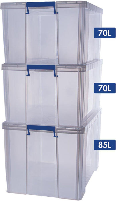 Bankers Box opbergdoos 2 x 70L + 1 x 85L, transparant met handvaten, set van 3 stuks verpakt in karton