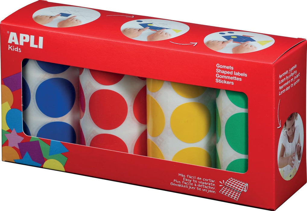 Apli Kinderstickers XL cirkels, diameter 33 mm, doos met 4 rollen in 4 kleuren