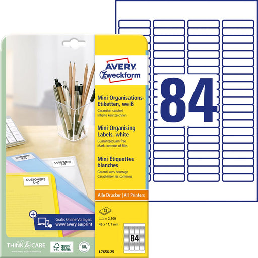 Avery mini-etiketten ft 46 x 11,1 mm (b x h), 2.100 stuks, 84 per blad, doos van 25 blad 5 stuks, OfficeTown
