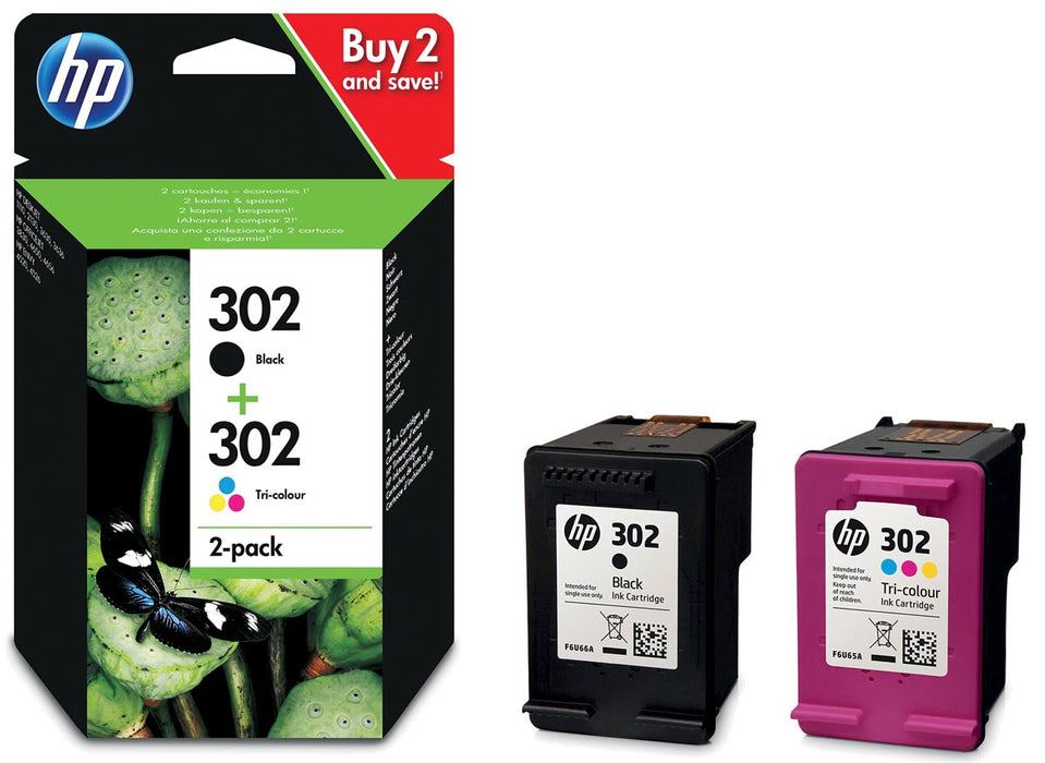 HP inktcartridge 302, 165 - 190 pagina's, OEM X4D37AE, 1 x zwart en 1 x 3 kleuren Geschikt voor: OfficeJet 3800 Series